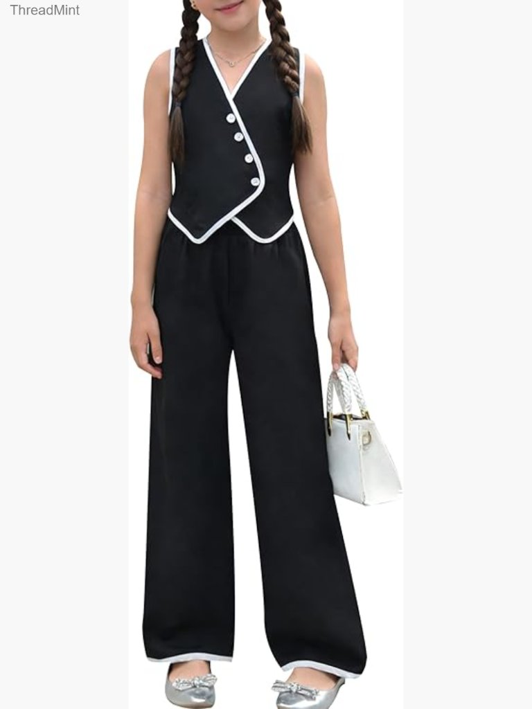 Girls 2 Piece Vest And Wide Leg Pant Suit Set Sleeveless